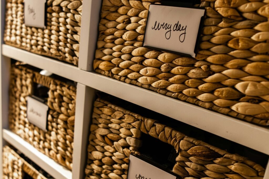 storage baskets in a small family home